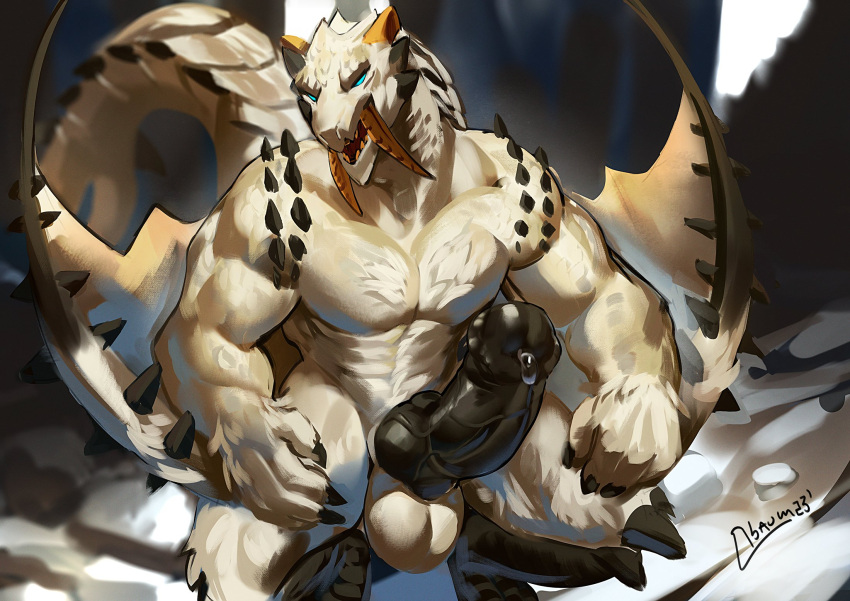 abs anthro balls barioth big_balls big_penis biped black_body black_penis black_scales blue_eyes capcom claws dragon erection fangs flying_wyvern fur genitals hi_res huge_cock hyper hyper_genitalia hyper_penis male male_only mammal monster_hunter muscular muscular_anthro muscular_male nude obaum pecs penis scales solo tail teeth unusual_anatomy unusual_genitalia unusual_penis white_body white_fur wings wyvern