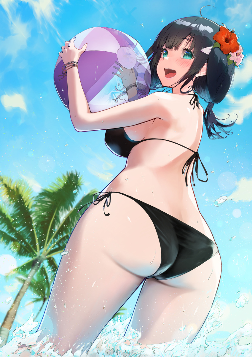 1girls amano_nene_(vtuber) ass beach beach_ball bikini black_bikini blue_sky blush breasts cyan_eyes cyan_hair female female_only flowers_in_hair hair_ornament happy huge_breasts light-skinned_female light_skin looking_at_viewer looking_back mmk_rod open_mouth production_kawaii sky solo swimsuit virtual_youtuber water