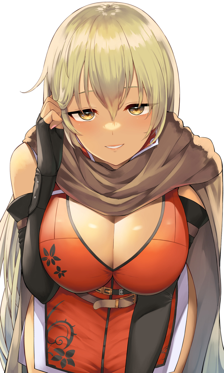 1girls absurdres adjusting_hair bare_shoulders belt black_gloves blonde_hair breasts brown_cape cape cleavage dark-skinned_female dark_skin deep_cleavage dress elbow_gloves female female female_only fire_emblem fire_emblem:_the_binding_blade gloves grin highres igrene_(fire_emblem) large_breasts leaning_forward long_hair looking_at_viewer multiple_belts nintendo red_dress short_dress side_slit simple_background smile solo upper_body white_background yamato_(muchuu_paradigm) yellow_eyes zettai_ryouiki