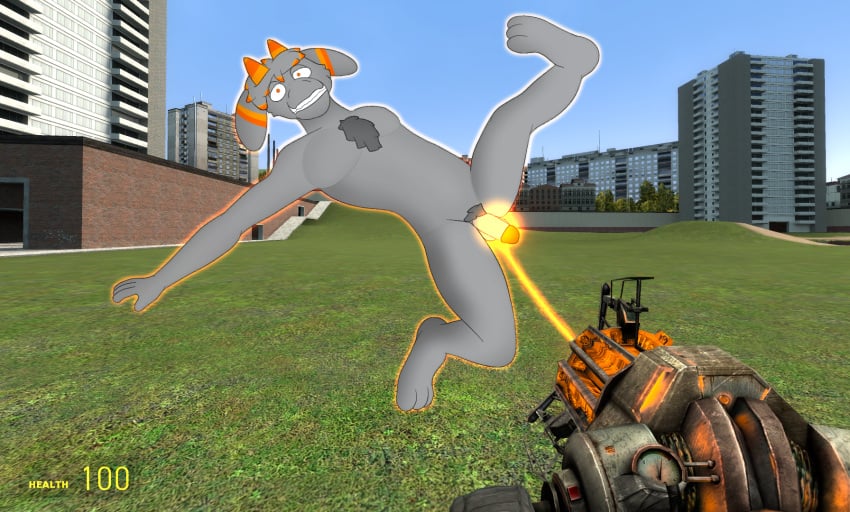 2d_(artwork) 3d_(artwork) anthro balls body_hair bovid caprine cheek_tuft chest_hair constricted_pupils digital_media_(artwork) facial_tuft floppy_ears fur gameplay_mechanics garry's_mod genitals glans gm_construct goat grey_body grey_fur gusta gusta_(gusta) hair hi_res horn immobilization male mammal nude orange_eyes orange_glans orange_horn orange_stripes outline penis penis_grab physgun pubes pupils screencap screencap_background small_pupils stripes tuft