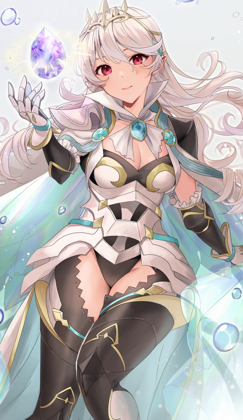 1girls alternate_costume armor black_leotard black_panties breasts cape cleavage corrin_(female)_(fire_emblem) corrin_(female)_(silent_bloodline)_(fire_emblem) corrin_(fire_emblem) corrin_(fire_emblem)_(female) crown female female_only fire_emblem fire_emblem_fates fire_emblem_heroes frills gloves grey_hair hair_between_eyes hair_ornament haru_(nakajou-28) highres inner_thighs jewelry leotard long_hair looking_at_viewer nintendo official_alternate_costume panties pointy_ears red_eyes see-through shoulder_armor solo thighs tiara underwear white_hair