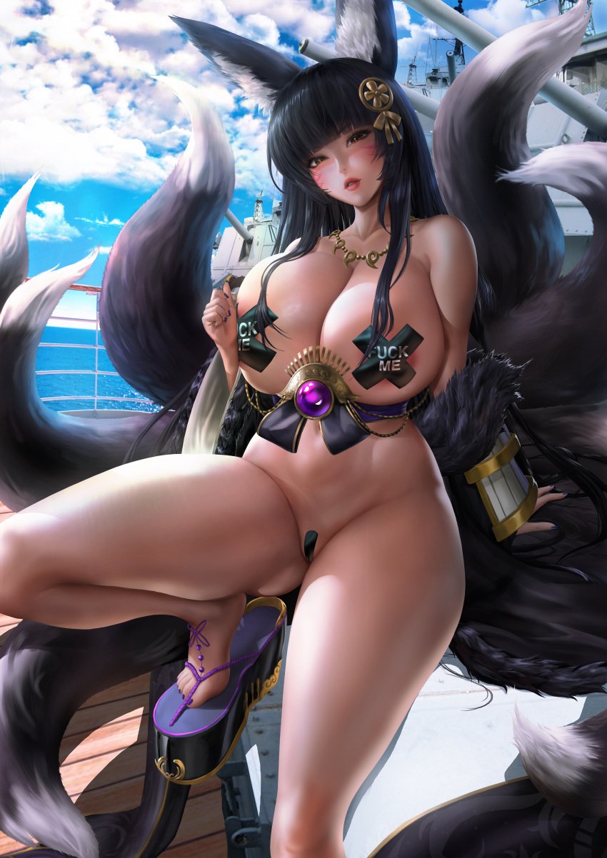 1girls absurd_res azur_lane black_hair female_focus female_only fox_ears fox_girl fox_tail highres huge_breasts lexaiduer looking_at_viewer musashi_(azur_lane) pasties pasties_with_text seductive_look voluptuous voluptuous_female