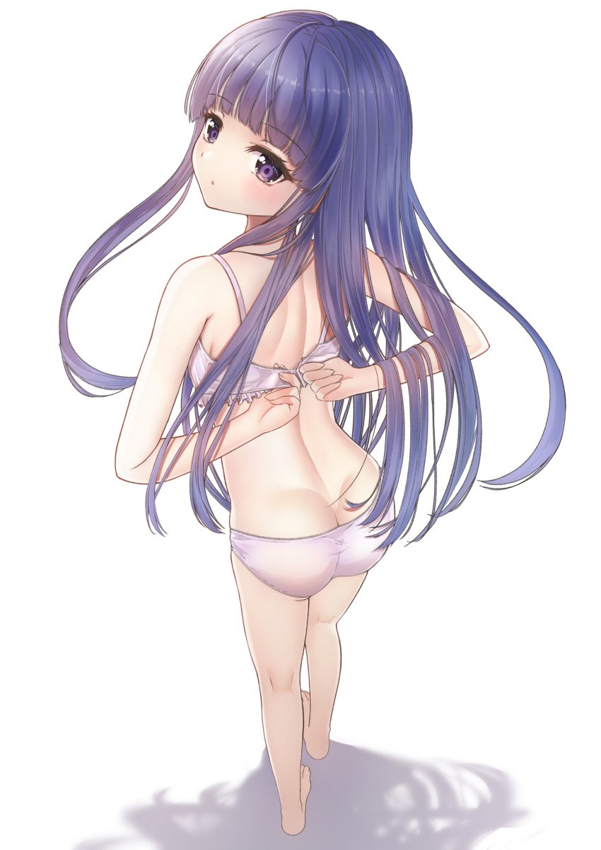 07th_expansion 1girls 2020s 2023 :o arms_behind_back ass bare_shoulders barefoot blue_hair blunt_bangs blush bra breasts bubble_butt butt_crack dat_ass eyebrows_hidden_by_hair female from_behind full_body furude_rika hi_res higurashi_no_naku_koro_ni hime_cut light-skinned_female light_blush light_skin long_hair looking_at_viewer looking_back open_bra panties pink_bra pink_panties purple_eyes round_ass shadow shimao shoulder_blades sideboob sidelocks small_breasts solo standing teenage_girl teenager toes underwear underwear_only undressing white_background young