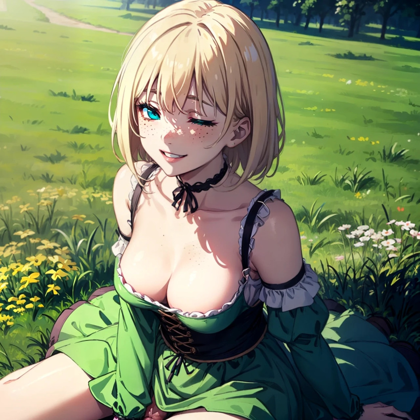 1futa ai_generated blonde_hair blue_eyes enjuuji freckles freckles_on_breasts futa_only futanari grass grass_field green_grass lauran_hesselberg one_eye_closed outside pale-skinned_futanari penis_under_dress smile smiling_at_viewer winking_at_viewer