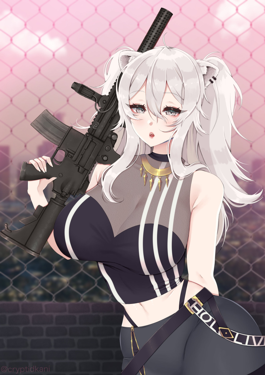 1girls bare_midriff breasts cleavage cryptid_crab female female_only grey_eyes grey_hair gun hololive hololive_gen_5 hololive_japan large_breasts long_hair midriff outdoors shishiro_botan solo twintails virtual_youtuber weapon