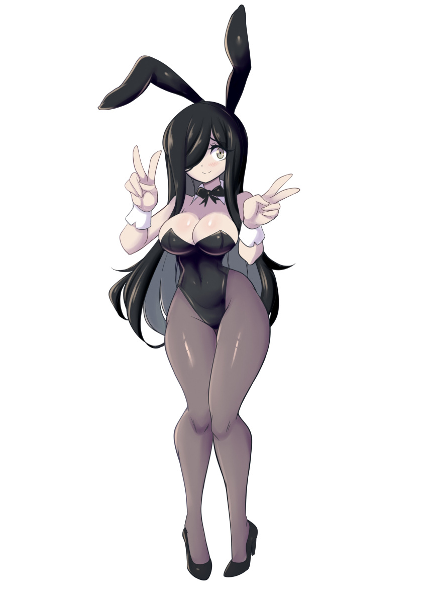 aria_(parororo) aria_wintermint big_breasts black_hair breasts bunny_ears bunnysuit cleavage female female_focus female_only high_heels long_hair lucyfercomic one_eye_covered original original_character pantyhose peace_sign thick_thighs white_background wide_hips