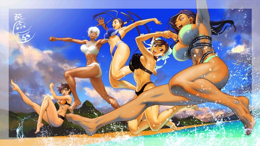 5girls abs antenna_hair artist_request asymmetrical_hair barefoot bikini black_bikini black_bikini_bottom black_hair blue_bikini blue_eyes blue_sky breasts brown_hair bun_cover capcom chun-li cornrows dark-skinned_female dark_skin day double_bun earrings elena_(street_fighter) feet female female_only hair_bun highres hoop_earrings human ibuki_(street_fighter) jewelry jumping kazushi_hagiwara large_breasts laura_matsuda long_hair long_legs medium_breasts multiple_girls muscular muscular_female navel ocean official_art one_eye_closed open_mouth orange_bikini_top sakura_kasugano short_hair sideboob sky splashing stomach street_fighter street_fighter_alpha street_fighter_alpha_2 street_fighter_alpha_3 street_fighter_iii street_fighter_iii:_3rd_strike street_fighter_iii_(series) street_fighter_iv street_fighter_iv_(series) street_fighter_v swimsuit tankini toes toned undercut very_dark_skin very_long_hair water white_bikini white_hair