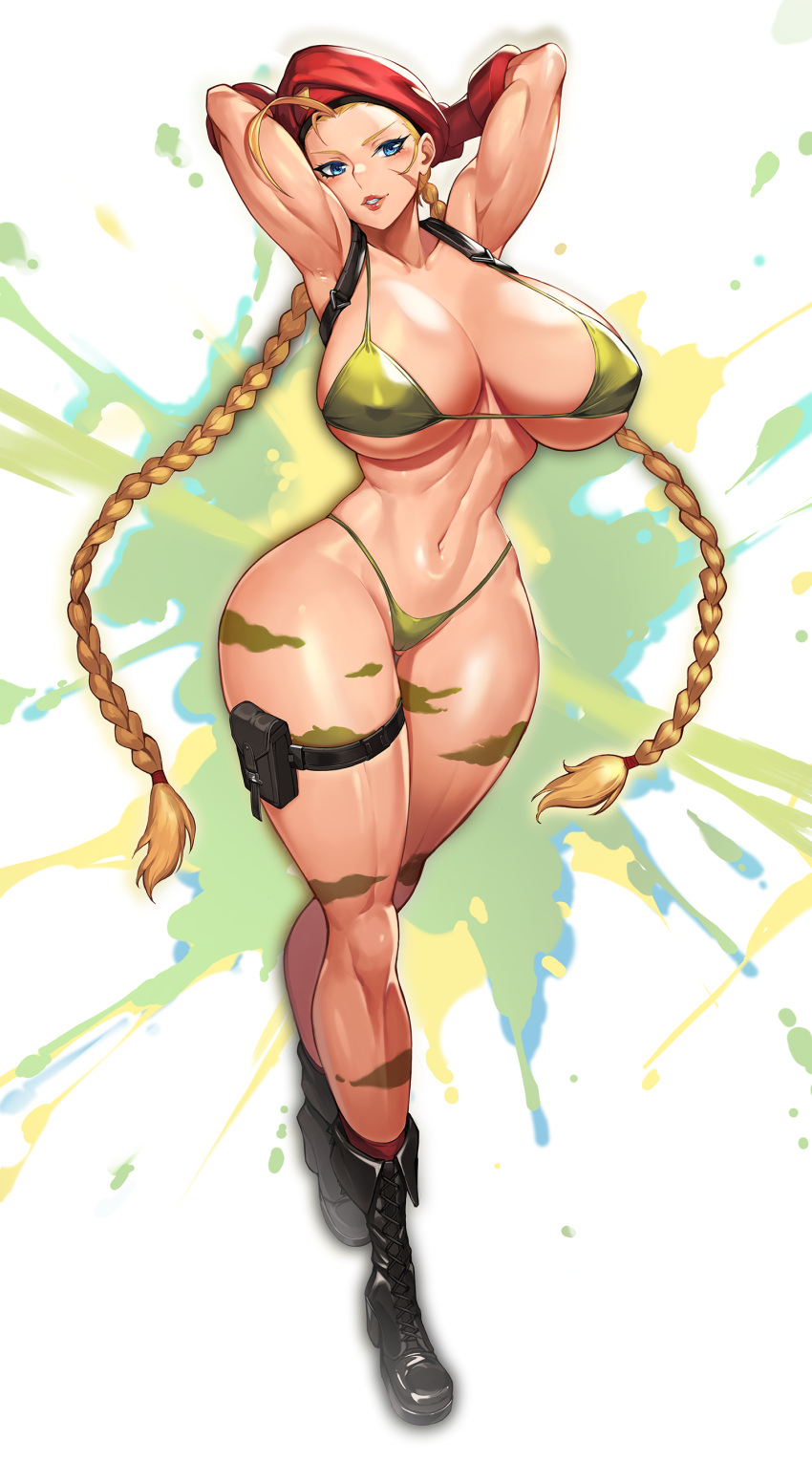 1girl 1girls alternate_breast_size armpits barely_clothed beret bikini blonde_hair blue_eyes body_markings boots breasts cameltoe cammy_white capcom curvy female female_only female_solo green_bikini green_bikini_bottom green_bikini_top gurimjang hands_behind_head hat hi_res huge_breasts human human_only human_solo long_hair navel nipple_bulge pigtails red_beret solo solo_female street_fighter thick_thighs thighs toned twintails very_long_hair wide_hips