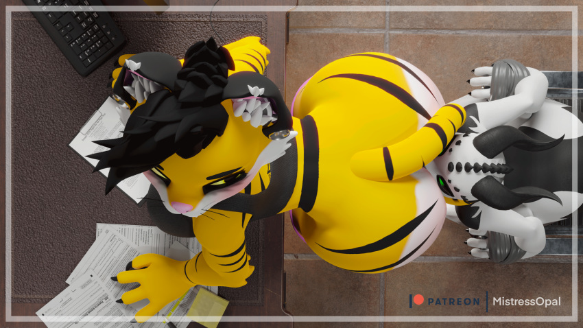 3d_(artwork) anal anthro arms_tied ass big_butt big_dom_small_sub bondage bondage bound clothed clothing digital_media_(artwork) dominant duct_tape duo facesitting felid female forced hi_res kissing kobold larger_female male male/female mammal office opal_the_tiger opalthetiger oral pantherine rhizu rimming sex sitting_on_another size_difference smaller_male tape tiger