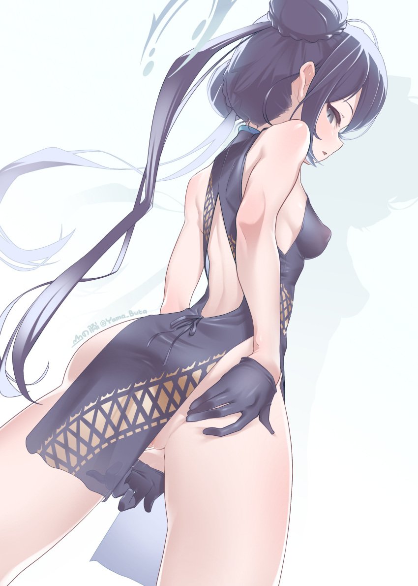 absurdres ass back_cutout bare_shoulders black_dress black_gloves black_hair blue_archive breasts china_dress chinese_clothes clothing_cutout covered_nipples cowboy_shot double_bun dragon_print dress female from_behind from_below genryumon_(blue_archive) gloves grey_eyes hair_bun halo highres kisaki_(blue_archive) long_hair looking_back pelvic_curtain pussy pussy_juice pussy_juice_trail pussy_peek sandrewf see-through shanhaijing_secondary_school_student sleeveless sleeveless_dress solo twintails very_long_hair