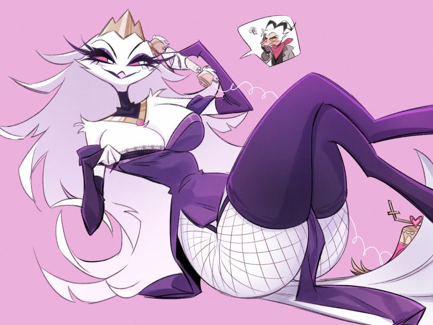 ass ass_visible_through_thighs avian avian_humanoid covered_breasts covering fishnets helluva_boss long_hair phone purple_clothing queen royalty stella_(helluva_boss) striker_(helluva_boss) tagme telephone white_body white_fur white_hair white_skin