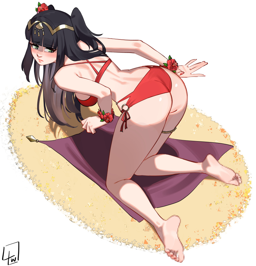 1girls absurdres alternate_costume ass bare_shoulders barefoot bent_over big_ass bikini black_hair breasts cape censored censored_feet feet female female female_only fire_emblem fire_emblem_awakening fire_emblem_heroes flower hair_ornament highres l4wless legs long_hair looking_back medium_breasts nintendo o-ring official_alternate_costume red_bikini red_swimsuit signature simple_background soles solo swimsuit tharja_(fire_emblem) tharja_(summer)_(fire_emblem) tiara toes two_side_up white_background