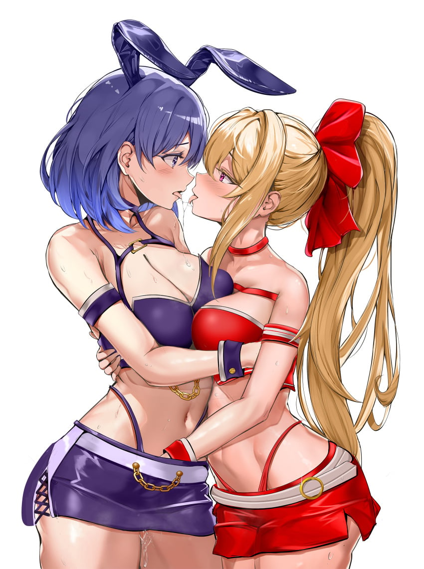 2girls after_kiss animal_ears arm_around_back armband bare_shoulders belt belt_chain blonde_hair bow breasts chains choker cleavage commentary_request cosplay cross-laced_slit crotch_grab fake_animal_ears gold_chain hair_intakes hairbow highres hug kissing large_breasts long_hair looking_at_another medium_breasts multiple_girls navel o-ring o-ring_belt open_mouth original ponytail purple_eyes purple_hair purple_shorts pussy_juice red_armband red_bow red_choker red_shorts saliva saliva_trail short_hair shorts simple_background smile stomach t3x tongue tongue_out very_long_hair white_background yuri