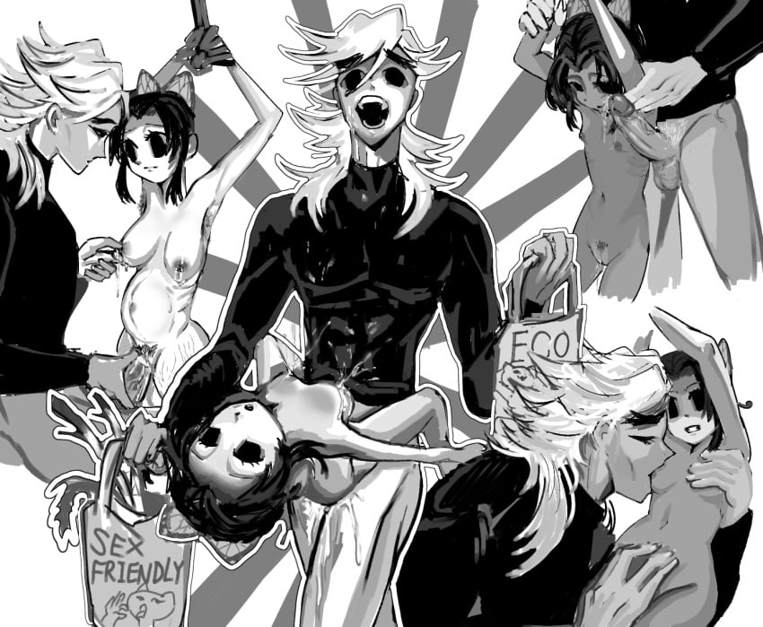 arms_up big_breasts bound breast_expansion breast_sucking butterfly_hair_ornament clothed_male_nude_female creepy demon_boy demon_slayer douma empty_eyes erection female height_difference kimetsu_no_yaiba kochou_shinobu lactation larger_male male monochrome multiple_scenes nude nude_female penis pregnant pubic_hair pussy questionable_consent restrained size_difference skinny small_breasts smaller_female uncensored violatricolo