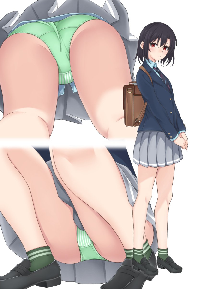 1girls 2020s 2023 ass bag bare_legs black_hair blazer female from_below full_body jacket light-skinned_female light_skin loafers long_sleeves mtu_virus multiple_views necktie original original_character own_hands_together panties pleated_skirt red_eyes rei_(09991) school_bag school_uniform schoolgirl shoes short_hair skirt socks standing teenage_girl teenager underwear upskirt white_background