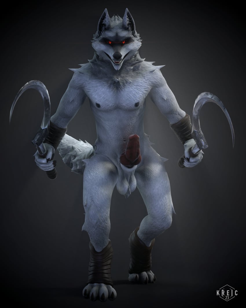 2023 3d_(artwork) absurd_res alternate_version_at_source animal_genitalia animal_penis anthro areola balls black_sclera canid canine canine_genitalia canine_penis canis claws death_(puss_in_boots) digital_media_(artwork) dreamworks dual_holding erection fur genitals grey_body grey_fur hi_res holding_object holding_weapon knot kreic looking_at_viewer male male_only mammal navel nude penis puss_in_boots_(dreamworks) puss_in_boots_the_last_wish red_eyes sickle solo standing tail weapon wolf