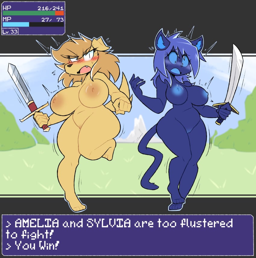 2girls amelia_steelheart anthro ass breasts embarrassed embarrassed_nude_female enf female female_only furry gameplay_mechanics nonarycubed nude pussy simplifypm the_simplifypm-verse