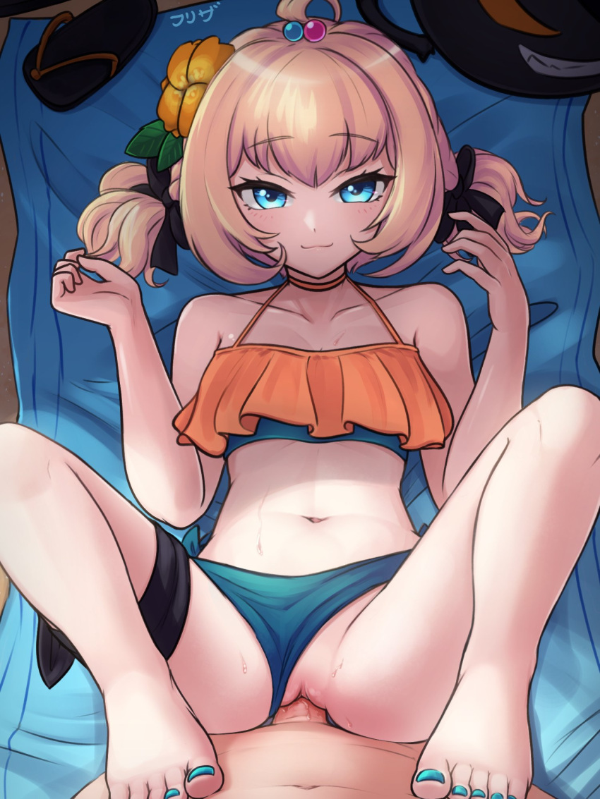 1boy 1girls ass bare_legs barefoot belly_button bikini bikini_aside blonde_hair blue_eyes feet female freezer_(frzr/efreezerarts) highres legs light-skinned_female light-skinned_male light_skin looking_at_viewer male_pov millie_parfait nail_polish nijisanji nijisanji_en penis pov pussy sex smile swimsuit toenail_polish toenails toes uncensored vaginal_penetration virtual_youtuber