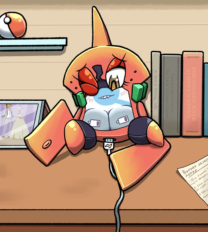 book breast_press chabble charging_battery female nintendo picture_frame pokeball pokemon pokemon_(species) pokemorph post_transformation rotom rotom_burnet_(chabble) rotom_pokedex usb_cable wire