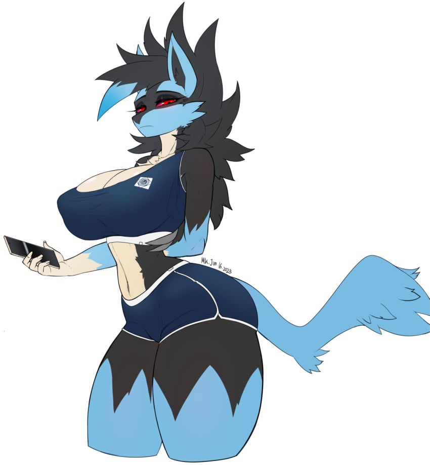 1girls 2023 2d 2d_(artwork) anthro anthro_only anthrofied big_breasts big_thighs black_hair blue_hair booty_shorts breasts busty cleavage dolphin_shorts female female_lucario female_only fingernails furry furry_ears furry_only furry_tail fusion gym_clothes gym_uniform hi_res highres hourglass_figure huge_thighs large_breasts large_thighs looking_at_viewer lucario lycanroc manedkitsune messy_hair midriff navel nipple_bulge phone pokefusion pokemon pokemon_(species) pokemon_fusion red_eyes red_sclera simple_background solo solo_female solo_focus thick_thighs thighs voluptuous white_background