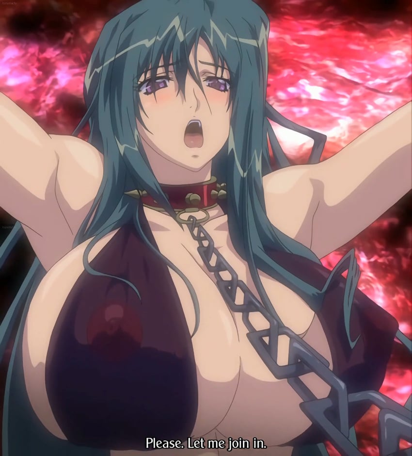 1girls armpits arms_up big_breasts blush bra breasts busty chained chains cleavage covered_erect_nipples female female_only flustered green_hair highres huge_breasts in_heat long_hair mature_female mature_woman milf misuzu_yukiko open_mouth purple_eyes screencap screenshot shion_~zankoku_na_mahou_no_tenshi~ stitched third-party_edit underwear very_long_hair