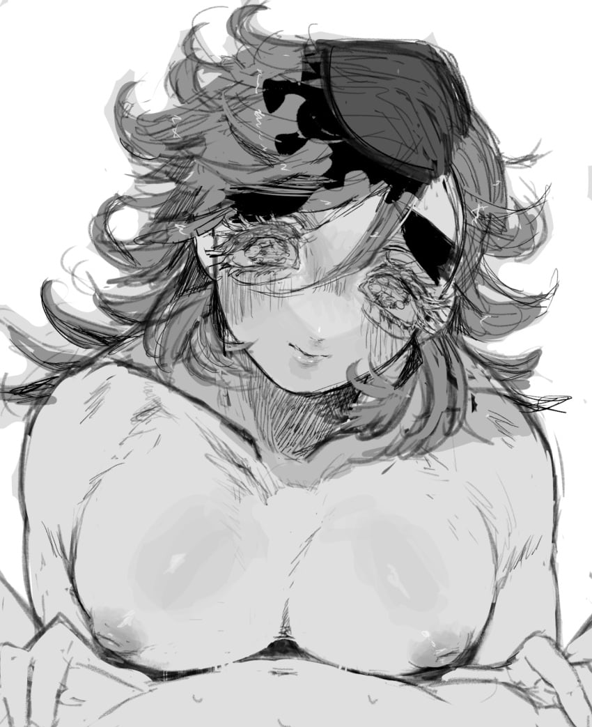 1boy 1other big_pecs blush demon_slayer douma huge_pecs inverted_nipples kimetsu_no_yaiba long_hair long_hair_male looking_at_viewer male male_focus monochrome pov pumu_nui solo_focus thick_eyelashes topless topless_male upper_body