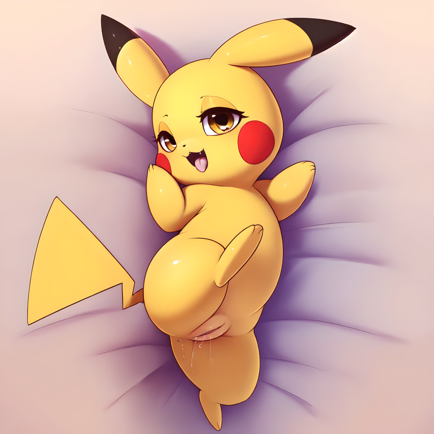 1girls ai_generated bed cute furry nastai pikachu pokemon pokemon_(species) pokephilia pussy pussy_juice red_cheeks tail thick_thighs yellow_eyes yellow_fur