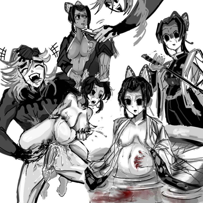 1boy 1girls big_breasts blood bodily_fluids breast_grab butterfly_hair_ornament clothed_male_nude_female creepy cum defeated demon_boy demon_slayer douma drooling female femsub gore guro haori happy kimetsu_no_yaiba kochou_shinobu lactation larger_male male maledom monochrome multiple_scenes penis pregnant rape smaller_female uniform vaginal_penetration violatricolo