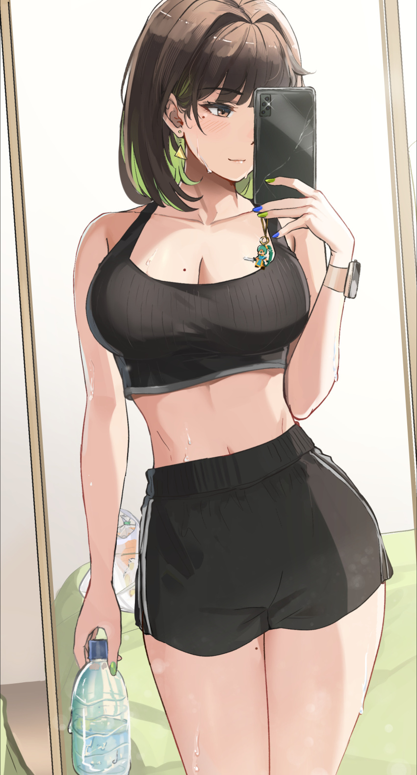 1girl 1girls absurdres bag black_hair black_shorts black_sports_bra blue_nails blush bottle breasts brown_eyes cameo cellphone cellphone_charm charm_(object) cleavage closed_mouth collarbone colored_inner_hair cracked_phone crop_top earrings fire_emblem fire_emblem:_the_blazing_blade green_hair green_nails grocery_bag gym_shorts highres holding holding_bottle holding_phone jewelry large_breasts looking_at_phone lyn_(fire_emblem) medium_hair midriff mirror miru_(ormille) mole mole_on_breast mole_on_thigh mole_under_eye multicolored_hair nail_polish navel nintendo original ormille phone reflection selfie shopping_bag short_shorts shorts smartphone solo sports_bra sweat sweatdrop taking_picture thighs two-tone_hair watch water_bottle wristwatch