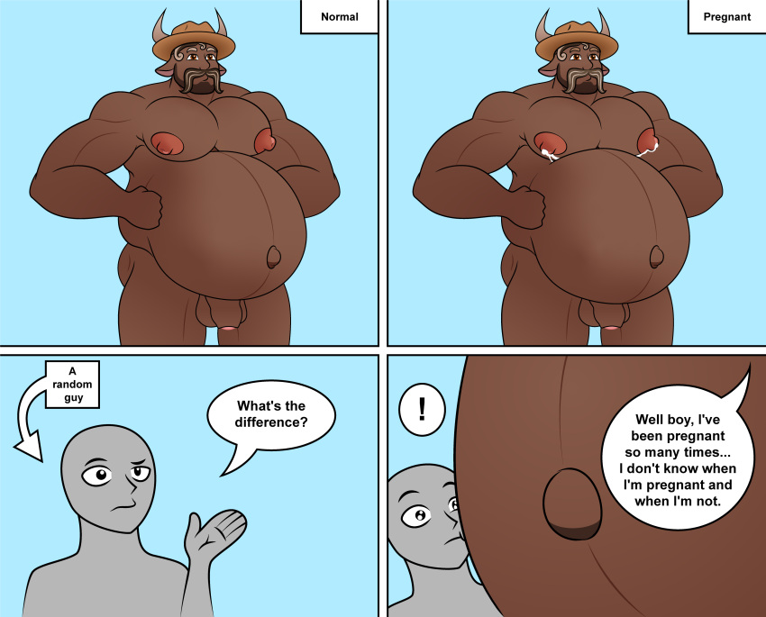 absurd_res anthro belly bodily_fluids bovid bovine cattle clothing comic dialogue facial_hair hat headgear headwear hi_res horn lactating male male_lactation mammal milk moustache muscular muscular_male nipples pecs pregnant pregnant_male rub_lug_(furry) size_difference solo speech_bubble