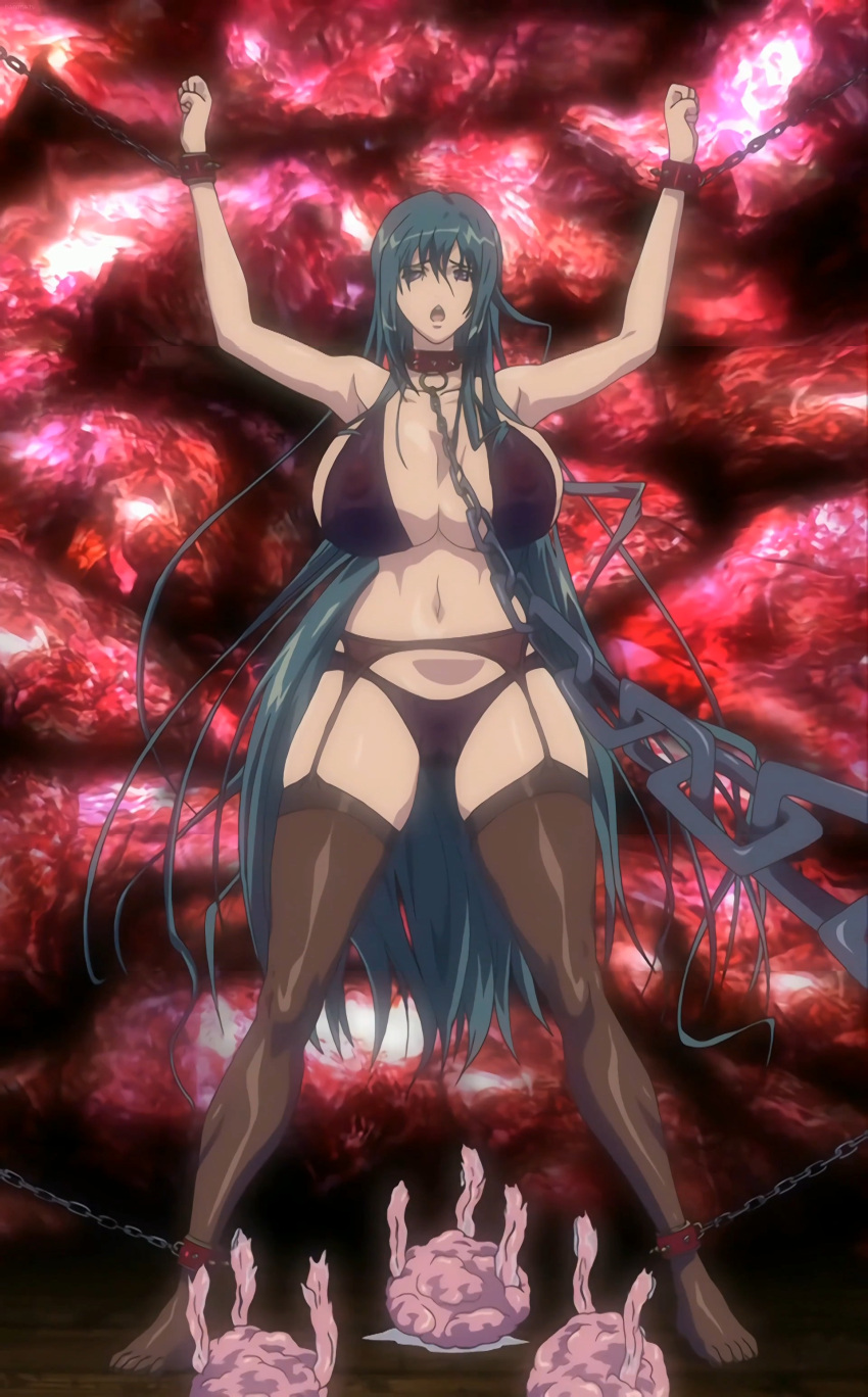 1girls armpits arms_up big_breasts bra breasts busty chained chains cleavage covered_erect_nipples feet female female_only flustered garter_straps green_hair highres huge_breasts in_heat legs lingerie long_hair looking_at_viewer mature_female mature_woman milf misuzu_yukiko navel open_mouth panties pixy_(company) purple_eyes screencap screenshot shion_~zankoku_na_mahou_no_tenshi~ stitched thick_thighs thighhighs thighs third-party_edit underwear very_long_hair