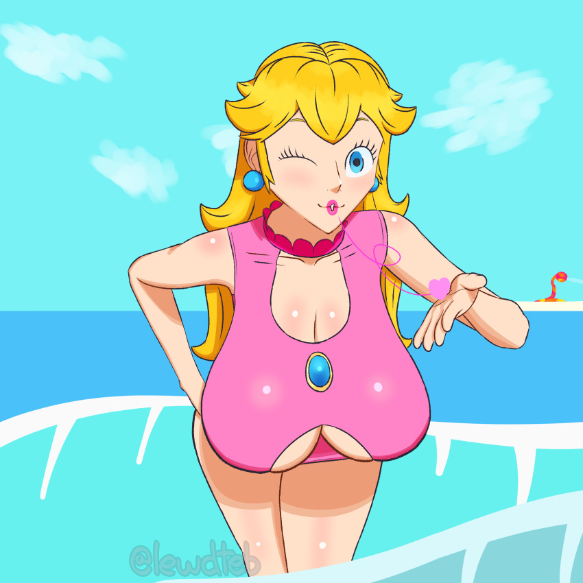 1girls beach big_breasts blonde_hair blowing_kiss blue_eyes breasts busty cleavage cleavage_cutout clothing_cutout female female_only hand_on_own_hip heart highres huge_breasts large_breasts leaning_forward legs long_hair looking_at_viewer mario_(series) nintendo ocean one-piece_swimsuit one_eye_closed princess princess_peach proto_piranha puckered_lips super_mario_sunshine swimsuit thighs voluptuous water wink