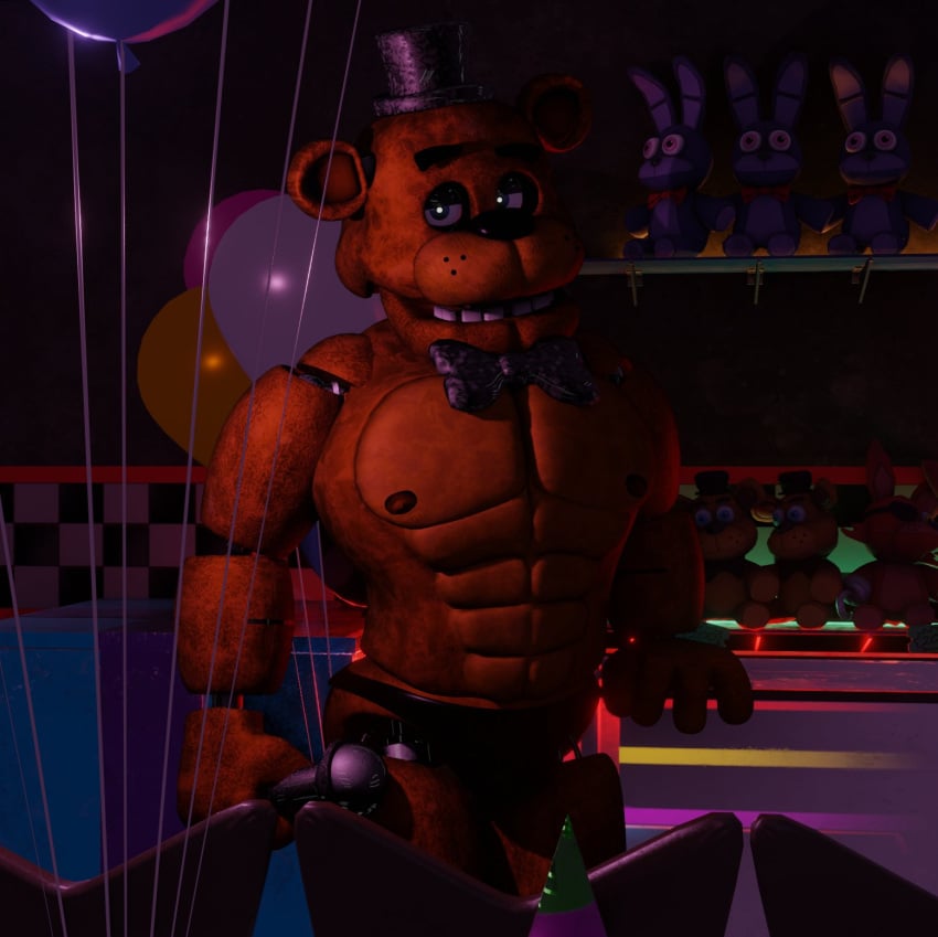 abs animatronic bear black_bow black_bow_tie black_bowtie black_clothing black_hat black_headwear black_nose black_underwear blue_eyes bow_accessory bow_tie brown_body brown_fur bulge clothing five_nights_at_freddy's freddy_(fnaf) fur hat headgear headwear hi_res humanoid machine male male_only mammal microphone muscular muscular_male nipples polishbonnie robot robot_humanoid scottgames solo underwear