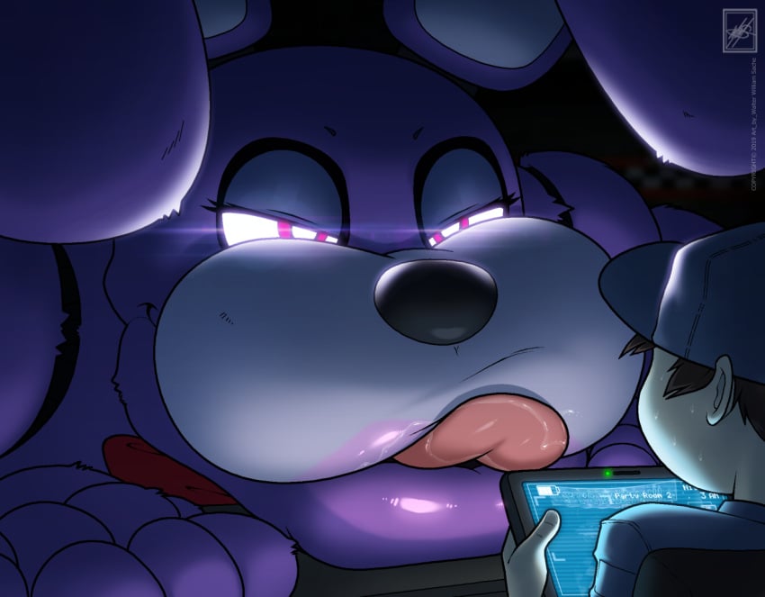 1boy 1girls animatronic anthro bonnie_(fnaf) bowtie camera female five_nights_at_freddy's giantess glowing_eyes hyper_lips imminent_reverse_rape larger_female licking_lips looking_at_partner pink_eyes purple_lipstick security_guard tablet walter_sache