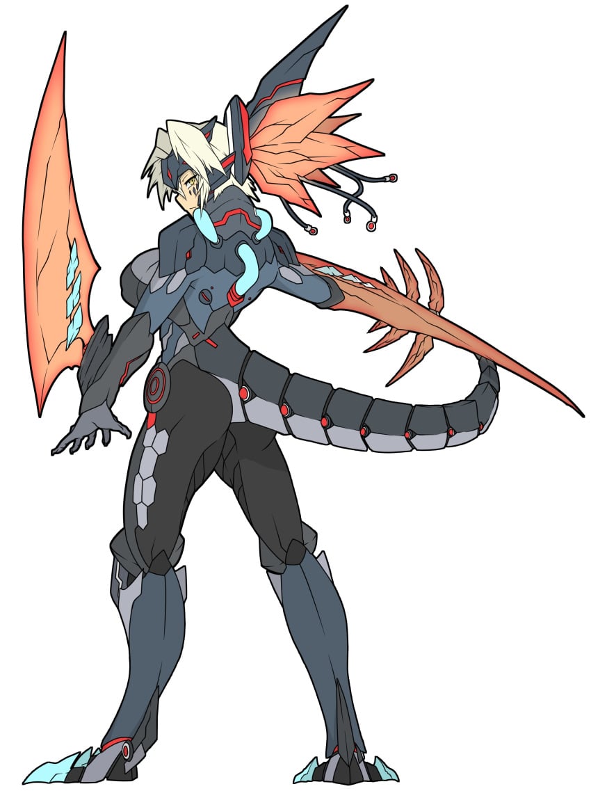 armor armored_bodysuit black_armor black_bodysuit blonde_hair bodysuit breasts dinomorphia_kentregina dinosaur_girl duel_monster female hand_up headgear mechanical_tail short_hair tail yu-gi-oh!