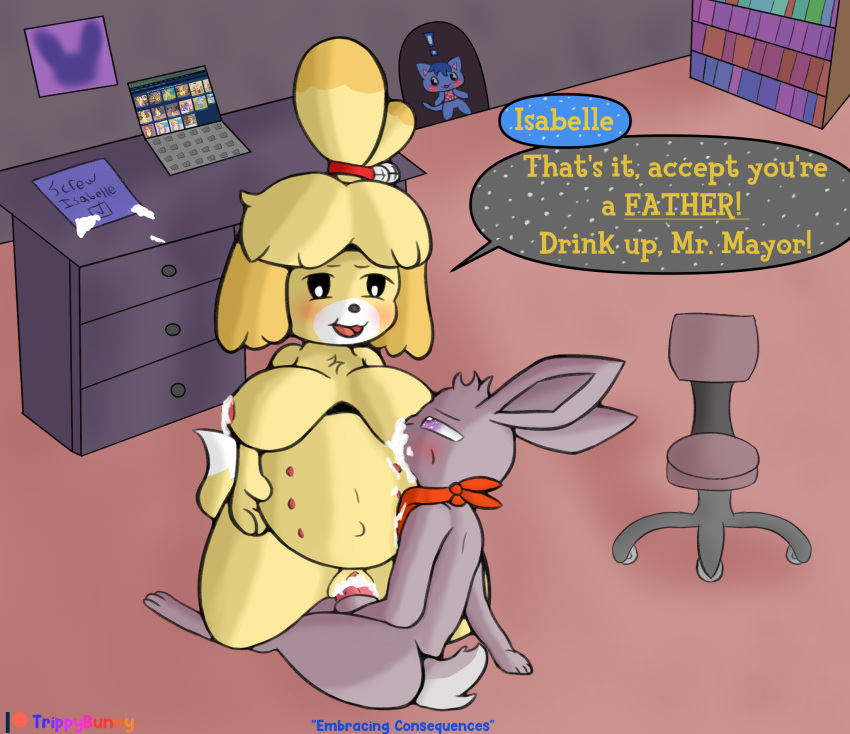 2023 animal_crossing anthro ass being_watched bodily_fluids breast_play breast_sucking breasts canid canine canis chair computer cum cum_in_pussy cum_inside domestic_dog drinking_milk duo e621 eye_contact female feral furniture genital_fluids hi_res inside isabelle_(animal_crossing) lagomorph leporid looking_at_another male male/female mammal milk multi_nipple neckerchief nintendo nipples office penetration penile penile_penetration penis_in_pussy pregnant pregnant_female rabbit romper_(trippybunny) rosie_(animal_crossing) shih_tzu sucking toy_dog trippybunny vaginal_penetration