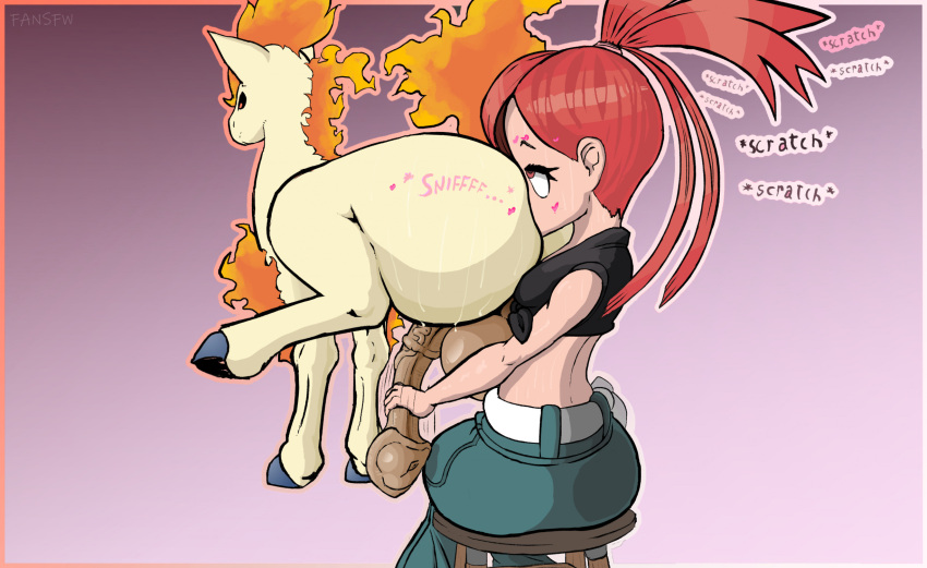 anal animal_genitalia animal_penis ass balls big_balls big_penis black_eyelashes black_hooves butt_sniffing clothed clothing duo equine_genitalia equine_penis eyelashes fansfw female feral fire flaming_hair flaming_mane flaming_tail flannery_(pokemon) fur furniture generation_1_pokemon genitals gym_leader hair handjob hi_res hooves human interspecies male male/female mammal nintendo onomatopoeia oral penile penis pokemon pokemon_(species) pokephilia ponyta ponytail pseudo_hair pseudo_mane quadruped red_eyes red_hair rimming sex sitting sniffing sound_effects stool tail text tied_hair vein veiny_penis yellow_body yellow_fur zoophilia