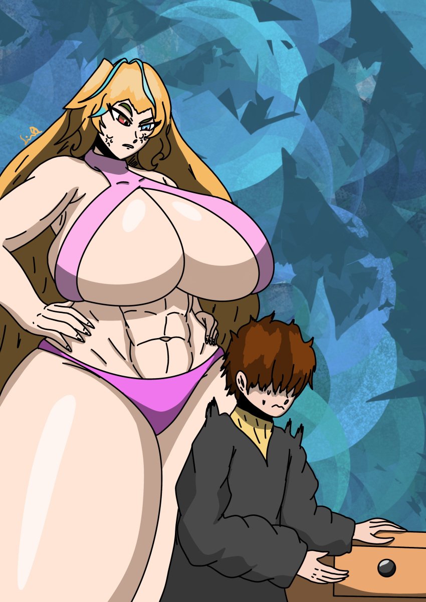 1boy 1girls abs angry angry_face athletic athletic_female big_breasts blinding_bangs blonde_female blonde_hair breasts caught caught_in_the_act female_pred giantess height_difference larger_female larger_pred male_prey mini_giantess mistersin muscular muscular_female panty_theft pervert pre_vore regret size_difference smaller_male smaller_prey thick_thighs thighs voreday