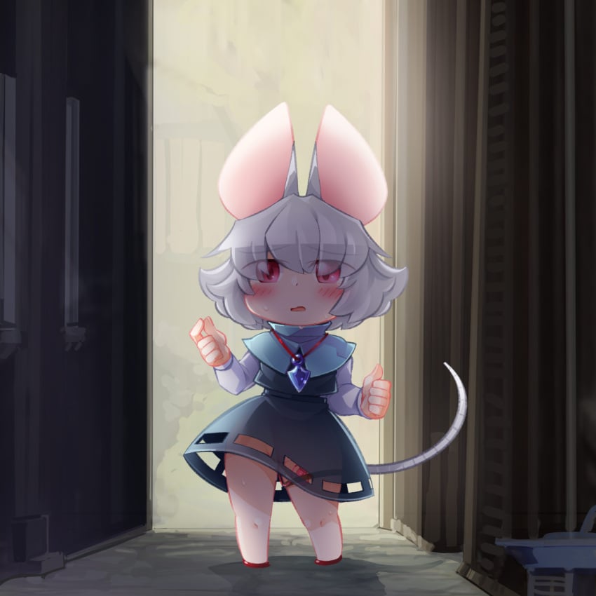 animal_ears bbb_(33kudo) blue_capelet blush capelet commentary_request crystal egg_vibrator eyes_visible_through_hair female flat_chest full_body grey_hair grey_skirt grey_vest hair_between_eyes highres jewelry long_sleeves looking_at_viewer medium_bangs mouse_ears mouse_girl mouse_tail nazrin no_panties object_insertion open_mouth pendant red_eyes sex_toy shirt short_hair skirt smile solo standing tail touhou vaginal_object_insertion vaginal_penetration vest vibrator vibrator_in_thigh_strap white_shirt