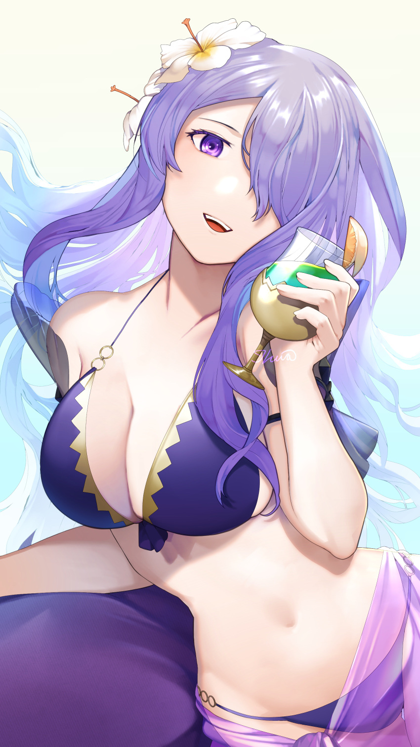 1girls absurdres alternate_costume bikini breasts camilla_(fire_emblem) camilla_(summer)_(fire_emblem) cleavage commentary_request cup drinking_glass female female female_only fire_emblem fire_emblem_fates fire_emblem_heroes floating_hair flower hair_flower hair_ornament hair_over_one_eye highres holding holding_cup ikura_(downdexp) large_breasts long_hair navel nintendo official_alternate_costume one_eye_covered purple_bikini purple_eyes purple_hair purple_sarong purple_swimsuit sarong see-through_sarong signature smile solo stomach swimsuit teeth upper_teeth_only very_long_hair wavy_hair white_background white_flower