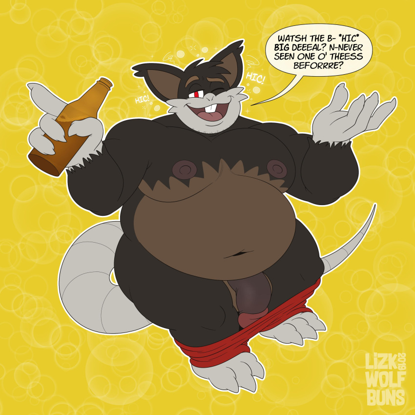 2019 absurd_res alolan_form alolan_raticate anthro belly big_belly black_body brown_body clothed clothing drunk english_text fan_character genitals hi_res male moobs navel nintendo nipples one_eye_closed overweight overweight_male partially_clothed penis pokemon pokemon_(species) raticate regional_form_(pokemon) solo substance_intoxication text underwear underwear_down wink wolfbuns