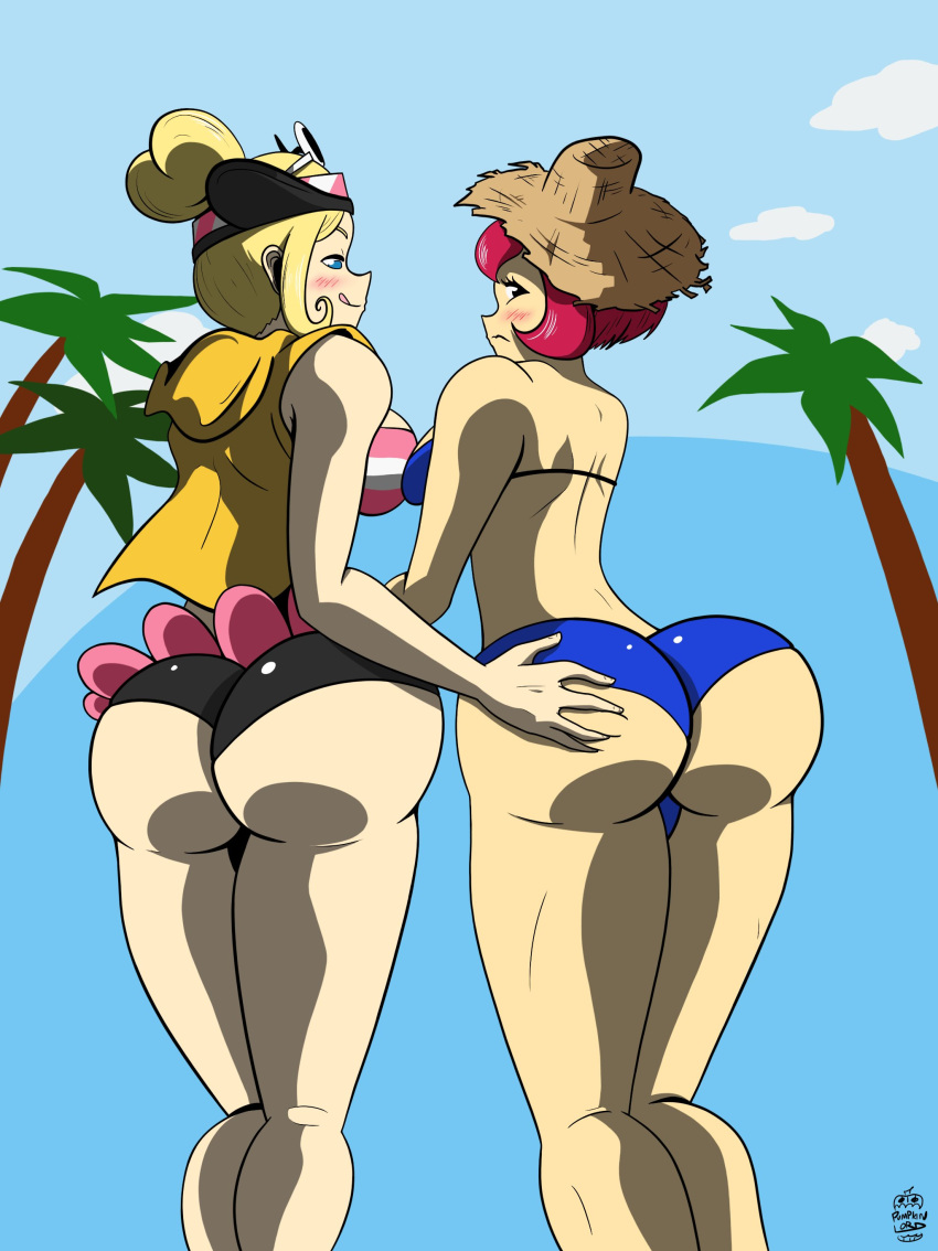 2girls ass ass_focus ass_grab back backboob big_ass big_butt bikini black_eyes blonde_hair blue_bikini blue_eyes blush breasts bubble_ass bubble_butt butt butt_focus butt_grab coraline_(mii_plaza) duo erection female female_only hair_bun heart iris_archwell light-skinned_female light_skin looking_at_viewer looking_back mii nintendo open_jacket open_mouth partially_clothed partially_clothed_female streetpass_mii_plaza striped_bra sunglasses swimsuit swimwear therealpumpkinlord