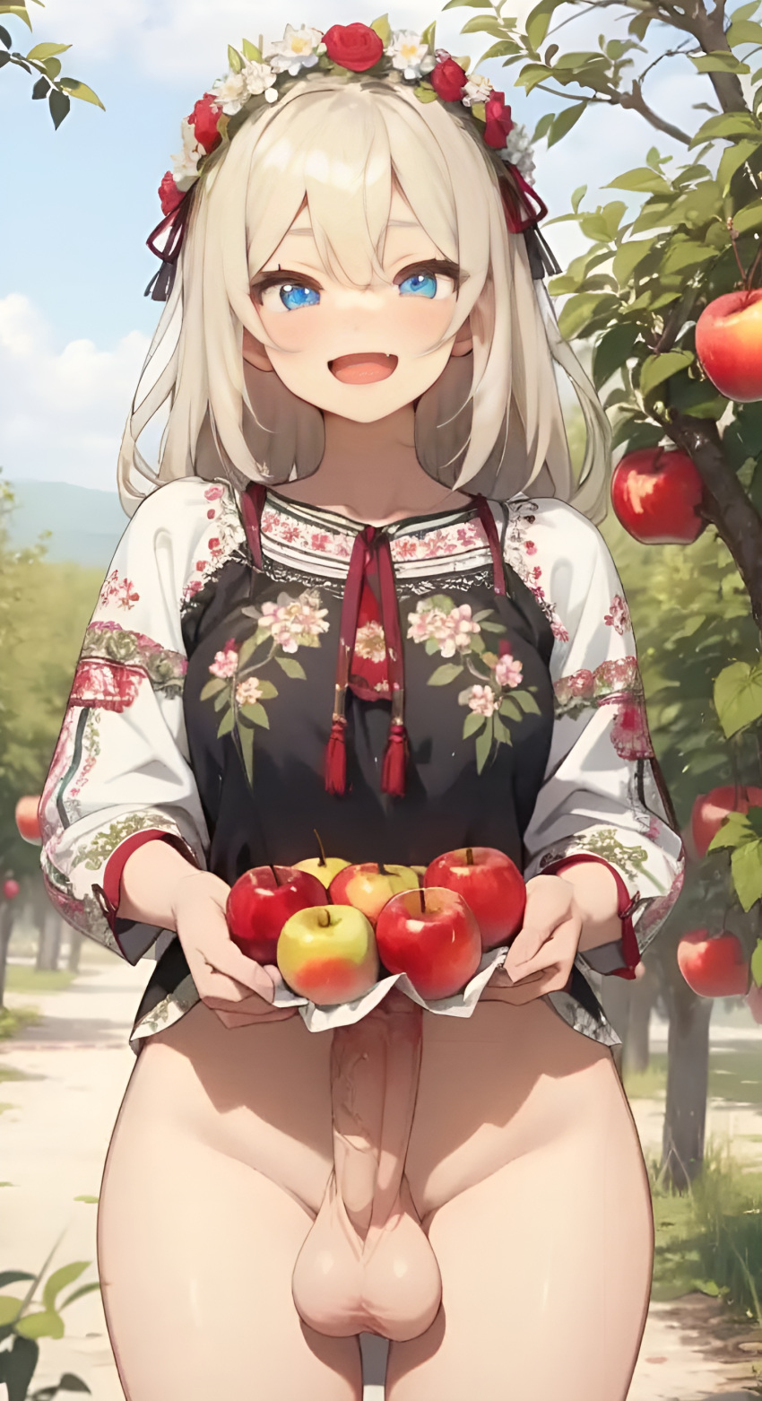 ai_generated apple balls blue_eyes erection fangs flower flower_crown flower_in_hair flower_on_head flowers futa_only futanari garden hair_flower open_mouth outdoors penis skif45 smile traditional traditional_clothes ukraine ukrainian ukrainian_girl veiny_penis white_hair