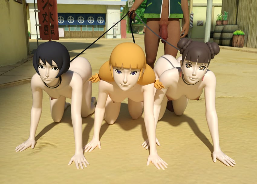 1boy 3d 3d_model 3girls all_fours alpha_male ass bent_over black_hair boruto:_naruto_next_generations breasts brown_hair collar completely_nude crawling dark-skinned_male exhibitionism exhibitionist femsub front_view kazamatsuri_moegi kirbyzs95 kneeling kurotsuchi leash leash_and_collar looking_at_viewer maledom multiple_girls naruto naruto_(series) nude outdoor_nudity outdoors penis petplay public_indecency public_nudity sex_slave street submissive submissive_female tenten walking