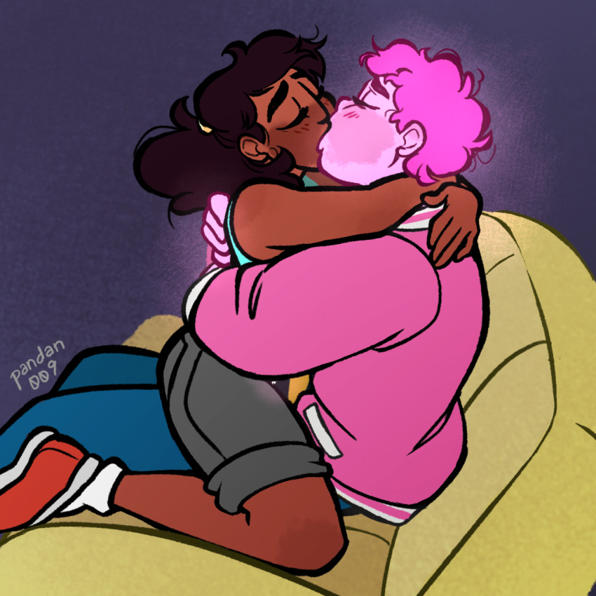 1boy 1girls bigger_male blush boyfriend-girlfriend canon_couple cartoon_network chad closed_eyes connie_maheswaran couch curly_hair fully_clothed glowing hugging jacket kissing long_hair pants ponytail santan999 shirt shoes shorts signature socks source_request steven steven_quartz_universe steven_universe tagme tank_top transformation wholesome