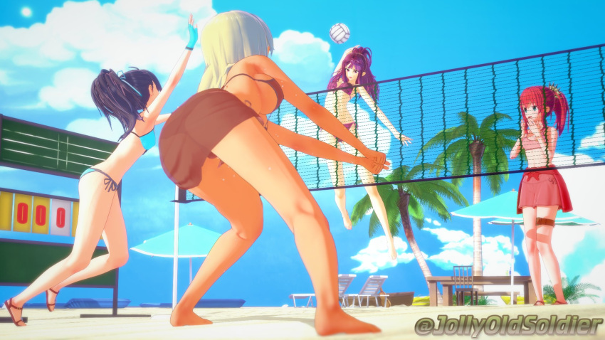 3d 4girls alternate_costume ass barefoot big_ass bikini bikini_skirt blonde_hair blue_bikini blue_swimsuit breasts brown_bikini brown_swimsuit cleavage dark-skinned_female dark_skin female female_only fir_(fire_emblem) fire_emblem fire_emblem:_new_mystery_of_the_emblem fire_emblem:_the_binding_blade fire_emblem:_the_sacred_stones fire_emblem_heroes igrene_(fire_emblem) jollyoldsoldier long_hair marisa_(fire_emblem) multiple_girls navel norne_(fire_emblem) norne_(summer)_(fire_emblem) official_alternate_costume pink_bikini pink_swimsuit ponytail purple_bikini purple_hair purple_swimsuit red_hair sandals sarong