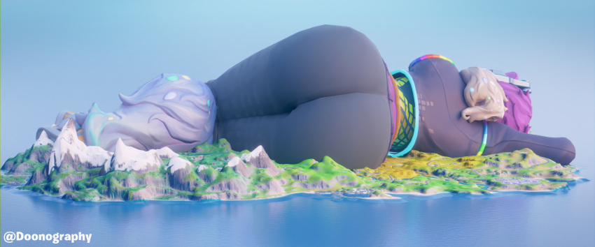 3d 3d_(artwork) ass_focus big_ass bigger_female bigger_than_island bigger_than_mountain blender dj_bop dj_bop_(fortnite) doonography fortnite fortnite:_battle_royale giantess giga_giantess gigantic_ass island macro mountain resting resting_on_arms sleeping viewed_from_behind