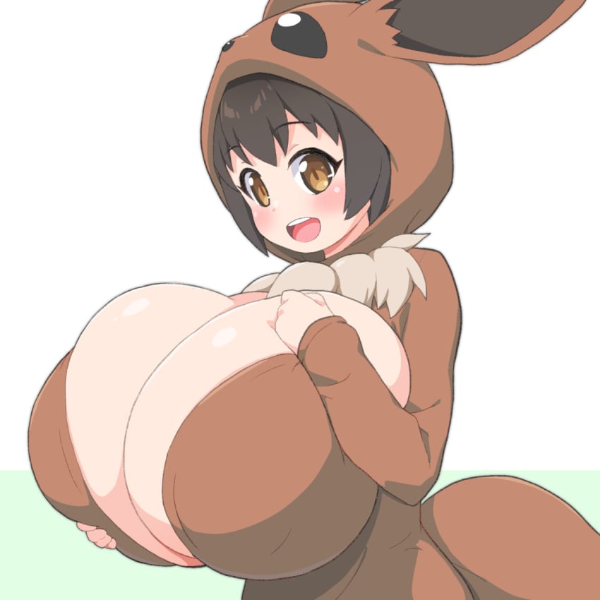 big_breasts black_hair boob_window breasts_out cleavage clothed cosplay costume eevee eevee_(cosplay) female female_only gamefreak holding_breast hoodie huge_breasts hyper_breasts massive_breasts nintendo no_bra onesie poke_kid_(pokemon) pokemon pokemon_(cosplay) pokemon_(species) shirogane_hakuba shortstack skindentation solo stretched_clothing tight_clothing top_heavy white_background yellow_eyes