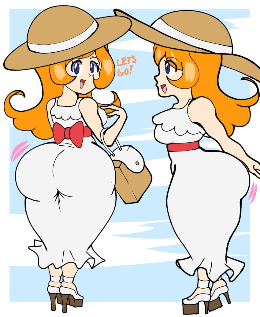 1girls ass ass_focus ass_in_dress big_ass big_breasts blue_eyes breasts bubble_ass bubble_butt dat_ass dress english english_text fat_ass female female_only footwear hair hat headwear heels high_heels huge_ass long_hair mona_(warioware) motion_lines nintendo orange_hair purse shingattai side_view solo solo_female sun_hat text warioware white_dress