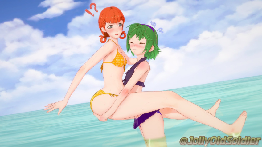 2girls 3d alternate_costume annette_fantine_dominic barefoot bikini breasts carrying_another carrying_partner cleavage female female_only fire_emblem fire_emblem:_the_blazing_blade fire_emblem:_three_houses frilled_bikini green_hair had_a_dream_everyone_was_drawing_lesbian_ships_like_this_(meme) jollyoldsoldier meme multiple_girls nino_(fire_emblem) nintendo orange_bikini orange_hair orange_swimsuit purple_bikini purple_swimsuit short_hair